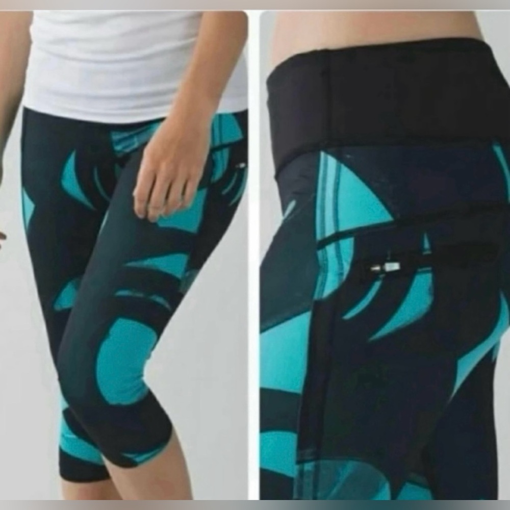 Lululemon women’s 6 Run Top Speed cropped peacock blue & black leggings